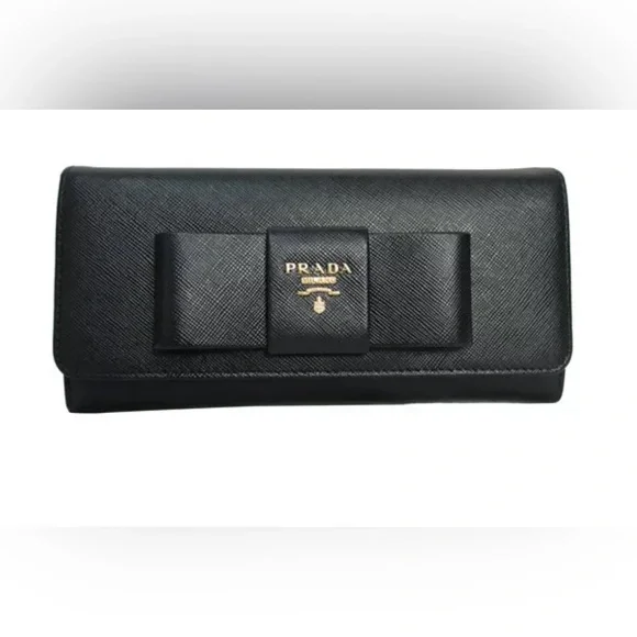 Prada ribbon long saffiano black continental bow wallet with Prada box - Picture 4 of 16